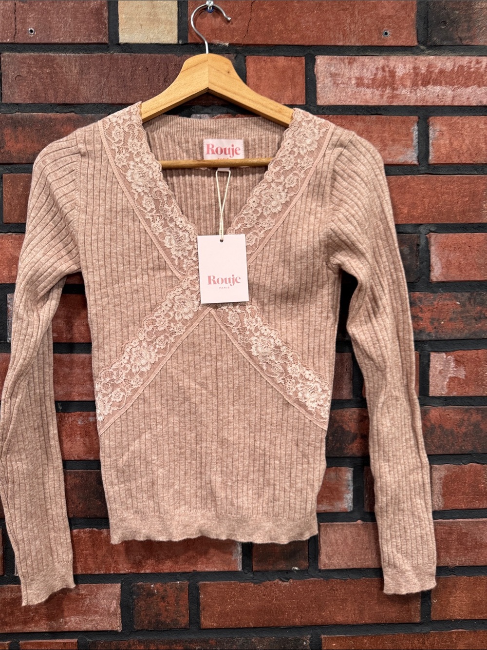 Rouje Lace-Trim Ribbed V-Neck Sweater